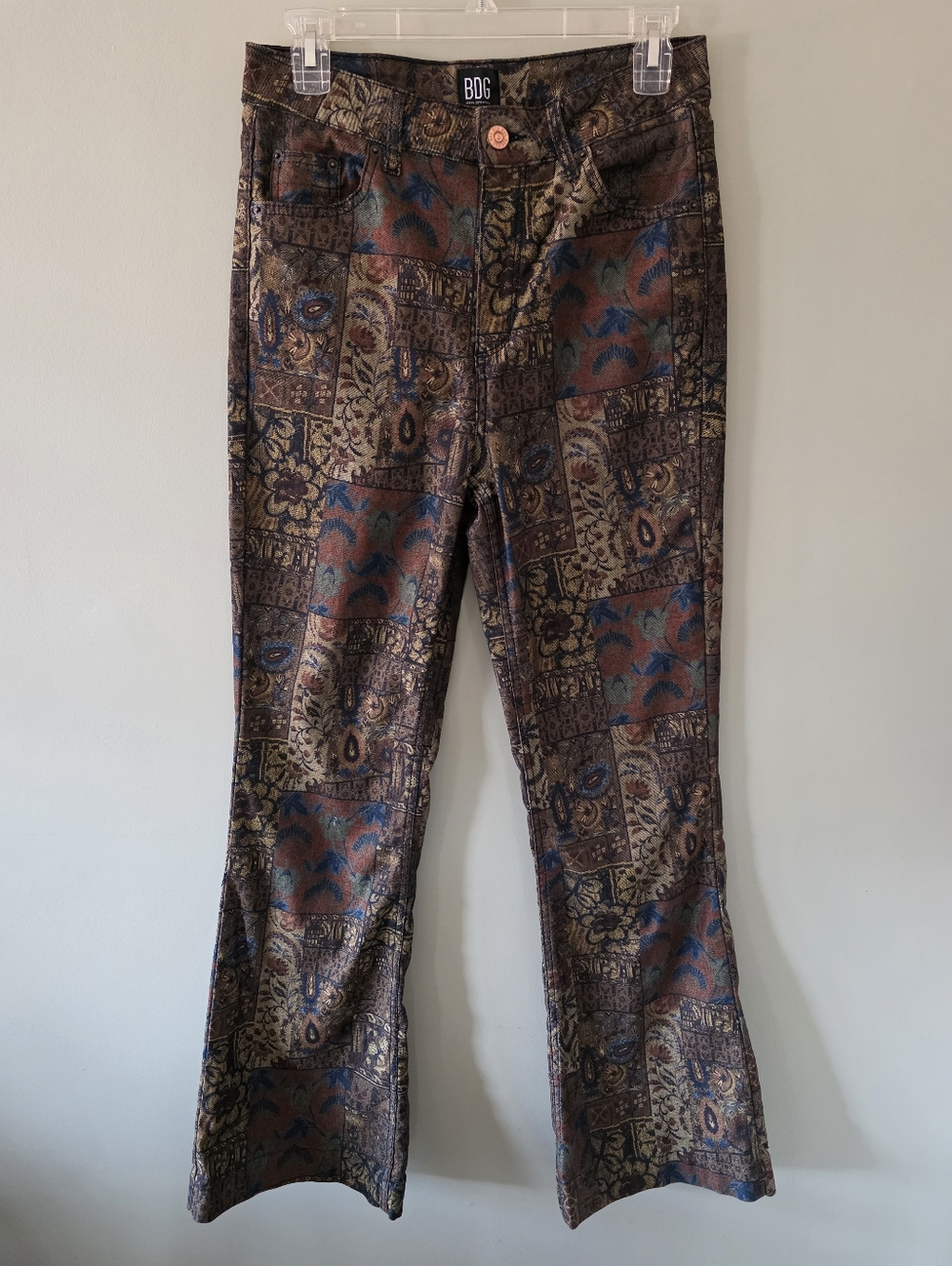 BDG 28 70s Hippie Boho Festival Paisley Tapestry Jacquard Patchwork Flare Jeans - Picture 2 of 16